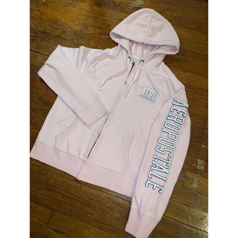 Vintage Y2K Aeropostale Hoodie Womens Large Pink Full Zip Applique Logo 2000s